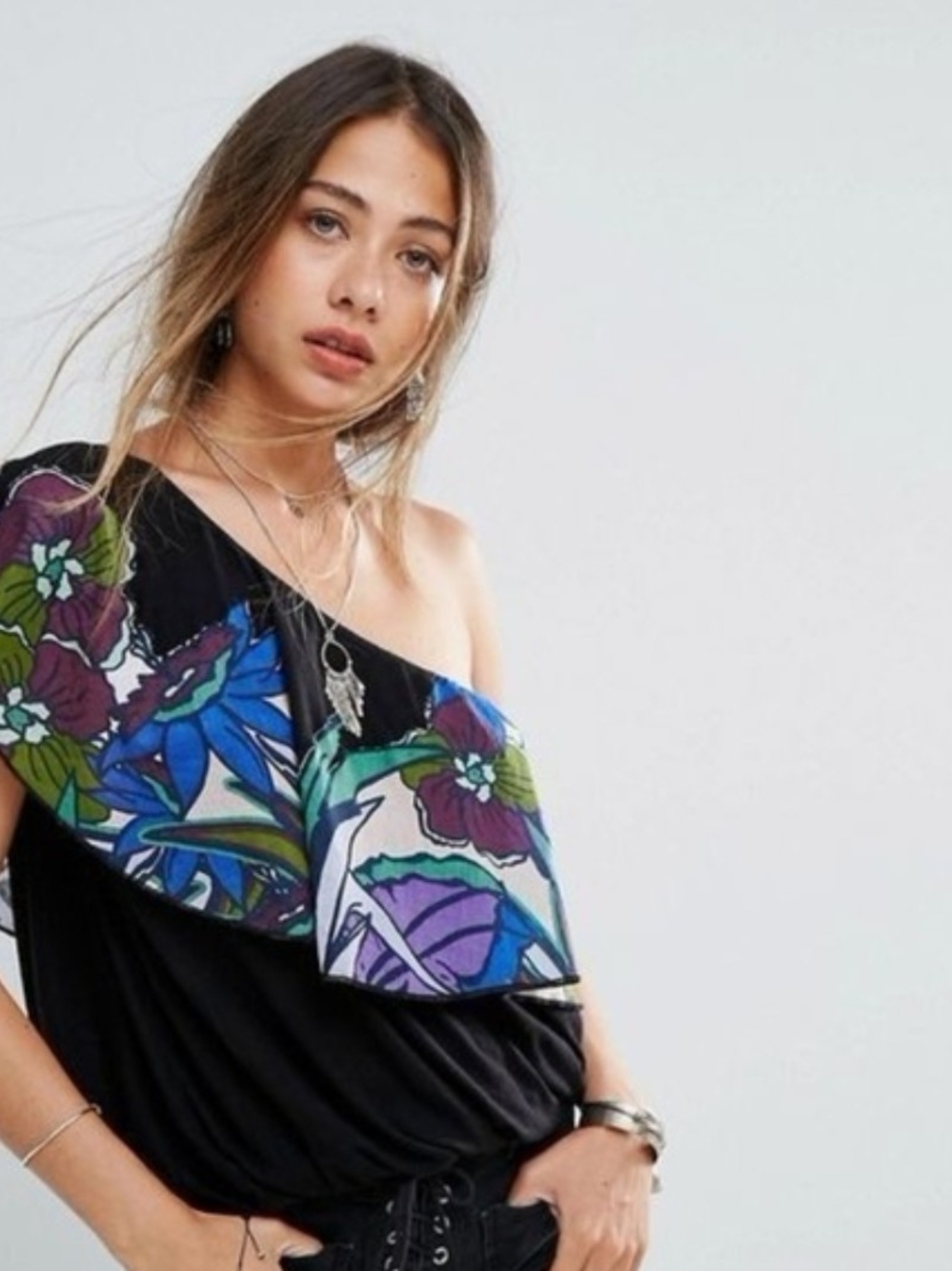 Free People One-Shoulder Black Top with Colorful Floral Ruffle